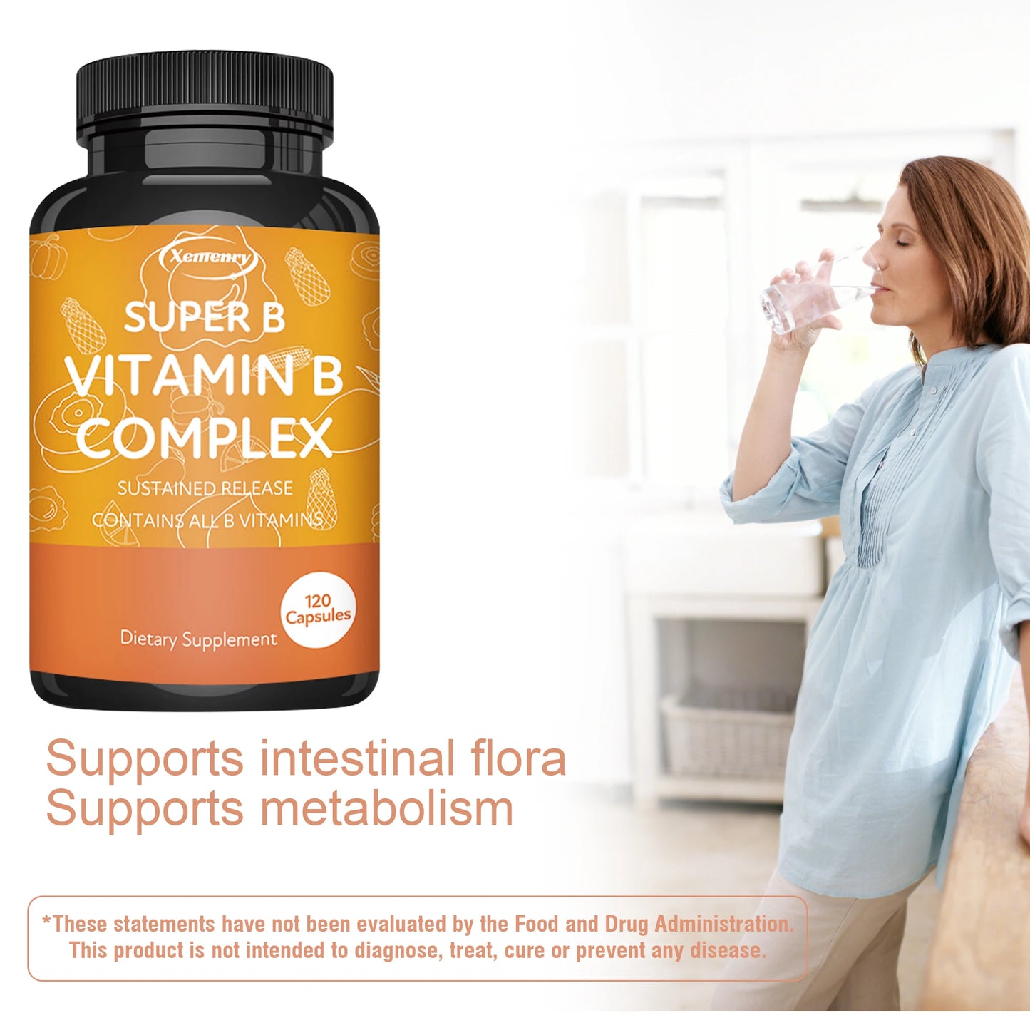 Vitamin B Complex - with Vitamin C, B1, B2, B3, B6, B12 - Energy, Relieve Stress, and Enhance Immunity - 120 Capsules