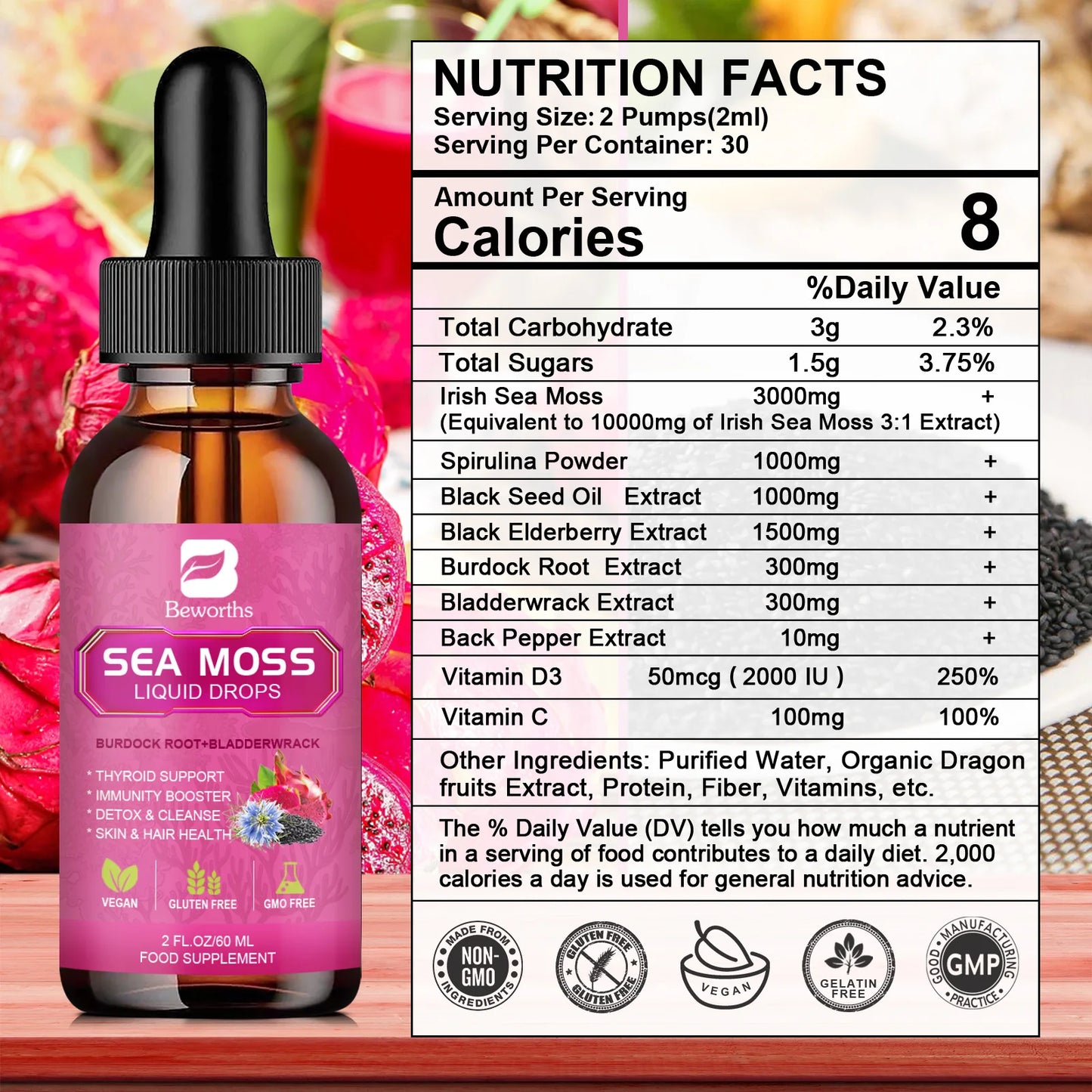 Sea moss Liquid Drop Organic Black Seed Oil & Burdock Root Bladder Enhance Immunity, Hair, Skin & Digestion Health
