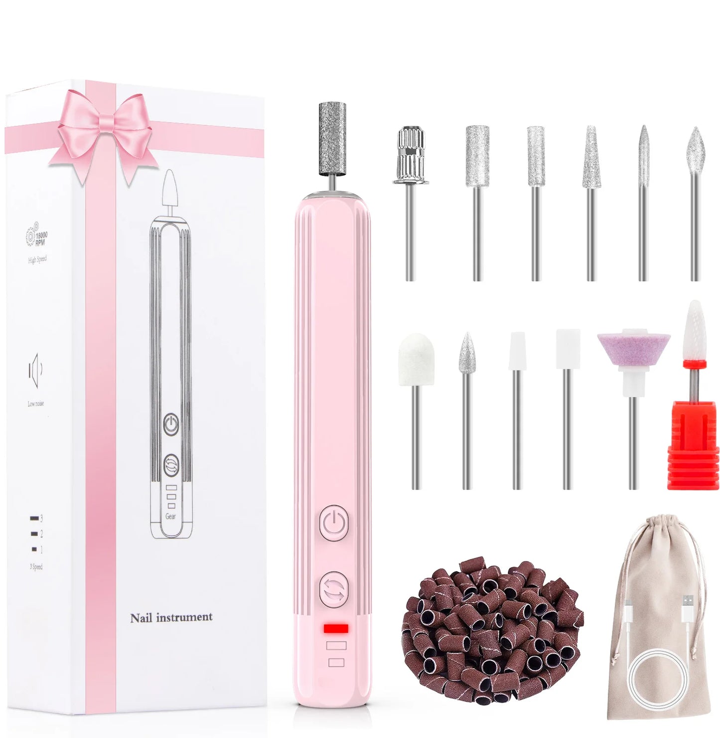 Professional Nail Drill Set, 2,0000 RPM Electric Nail File with 12 Grinding Head & 100Pcs Sanding Bands for Acrylic Gel Nails