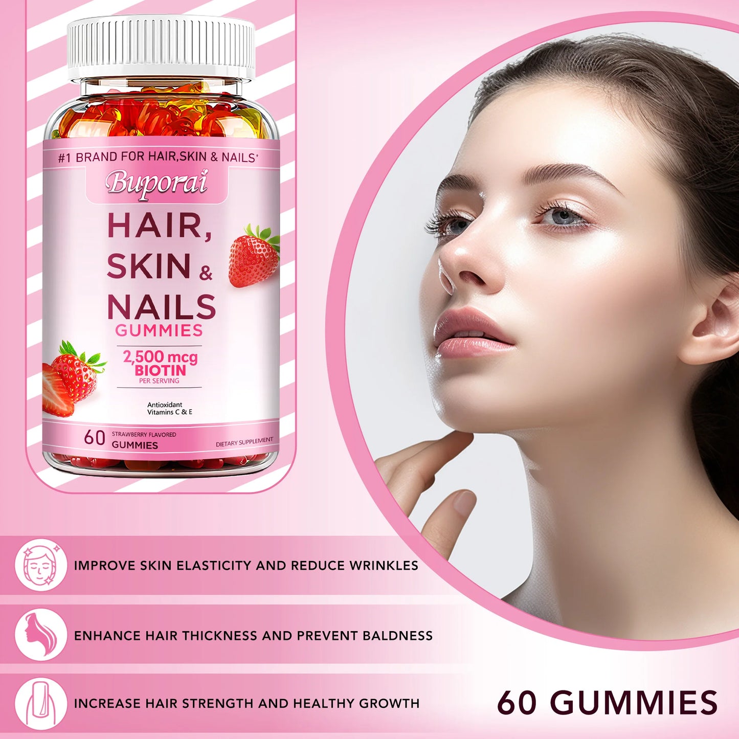 Hair, Skin and Nails Gummies - Antioxidant, Supports Healthy Hair, Skin and Nails, Maintains Vitality - 60 Gummies