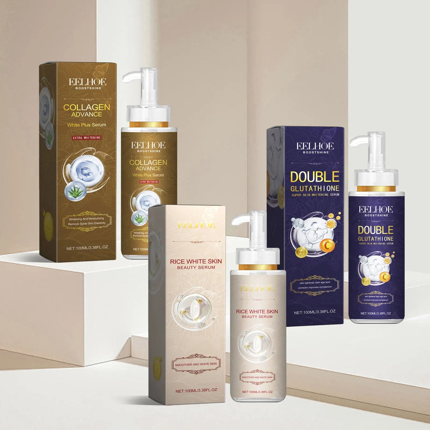 Collagen Facial Serum Anti Aging Wrinkle Remover Shrink Pores Acne Treatment Rice Brightening Face Serum Skin Care Set