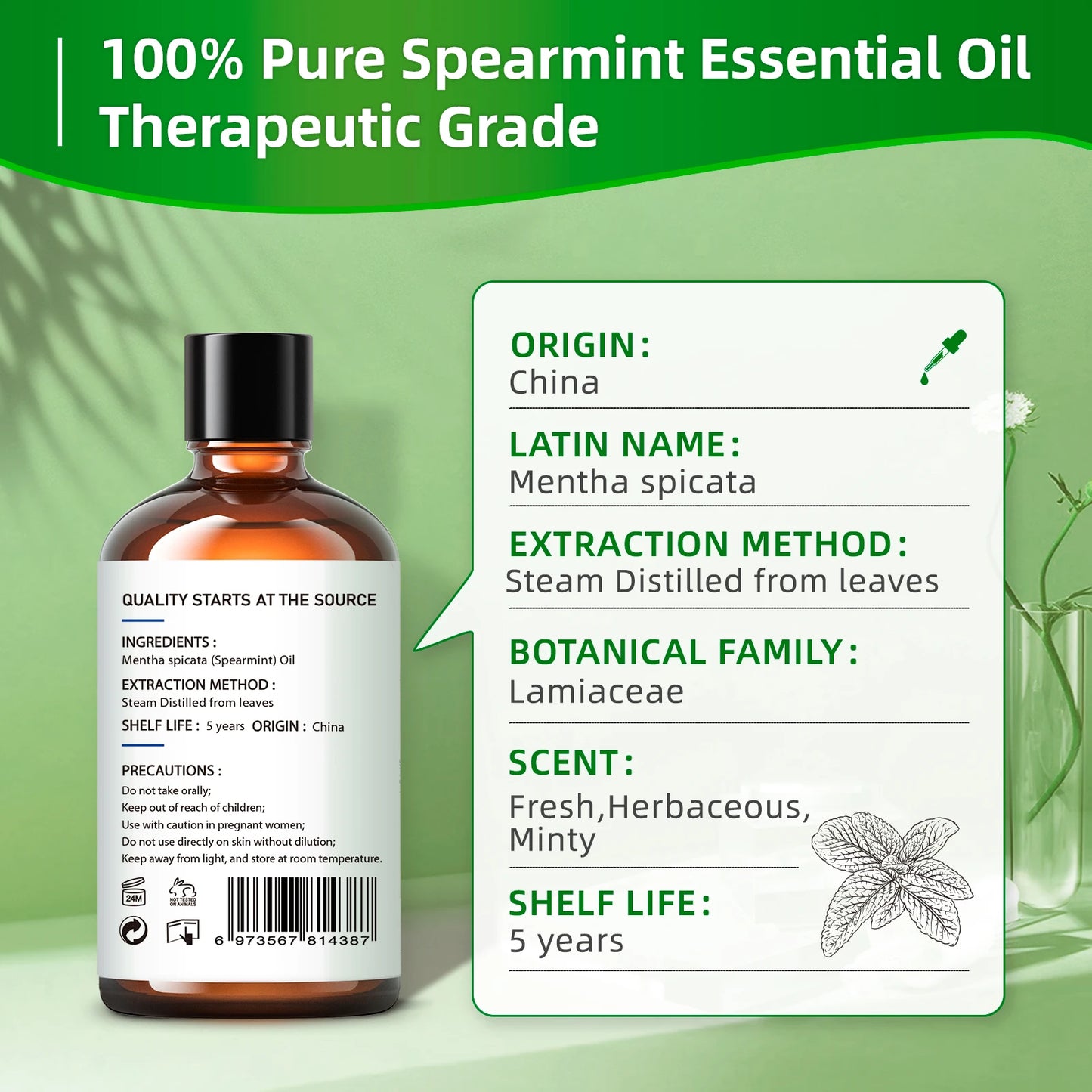 Spearmint Vanilla Rose Cinnamon Lemon Essential Oils,100ML Pure Oil for Diffuser,  Humidifier, Massage Muscle Relief Bath
