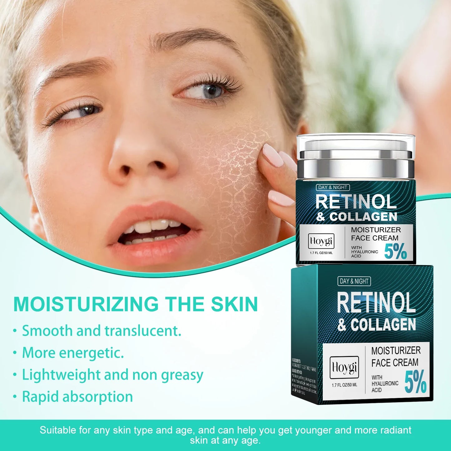 Retinol Face Cream Anti-Wrinkle Reduce Fine Lines Wrinkles Oil Free Moisturize Firm Brighten Natural Face Cream