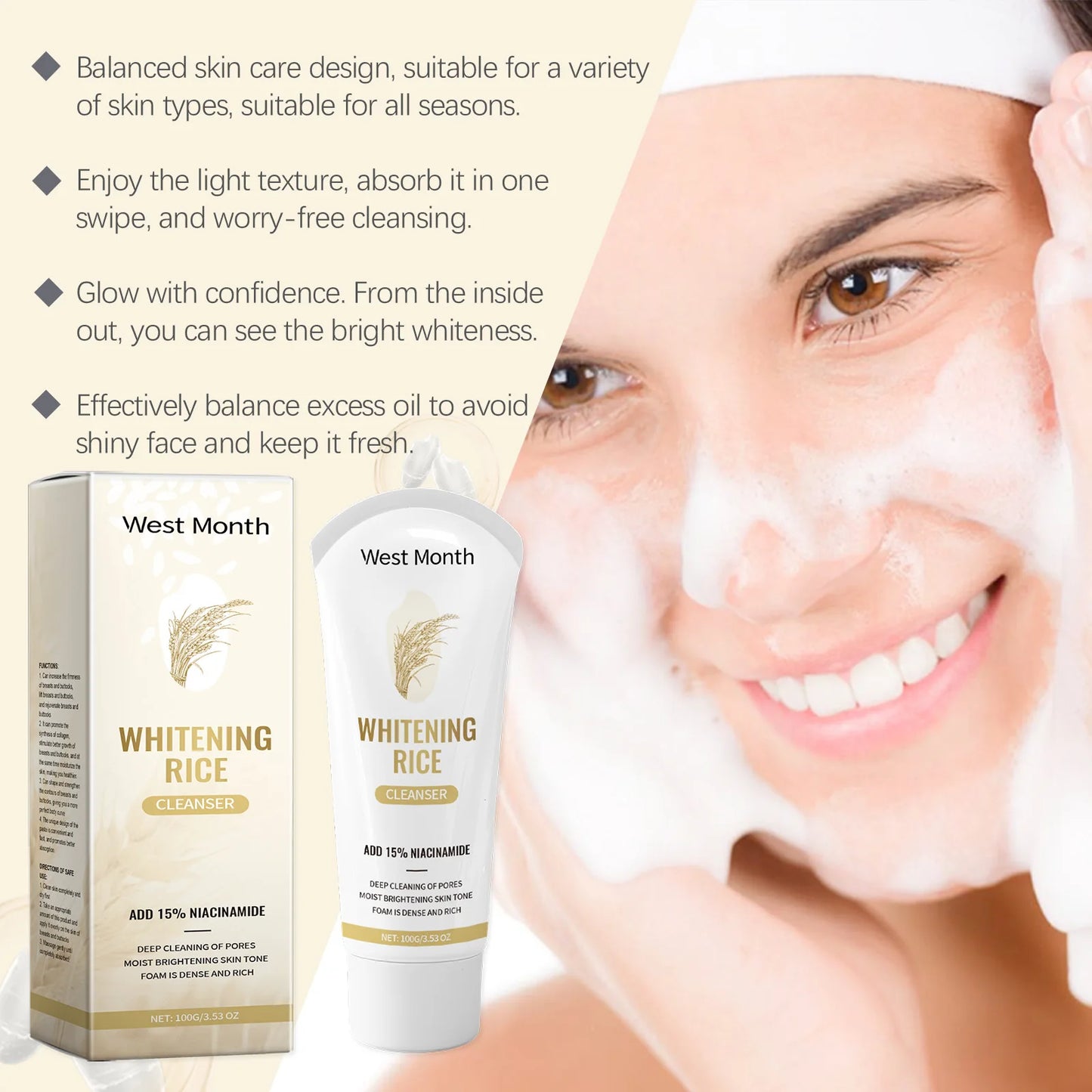 Blackheads Removal Face Cleanser Shrink Pores Moisturizing Skin Oil Control Exfoliating Rice Facial Cleanser