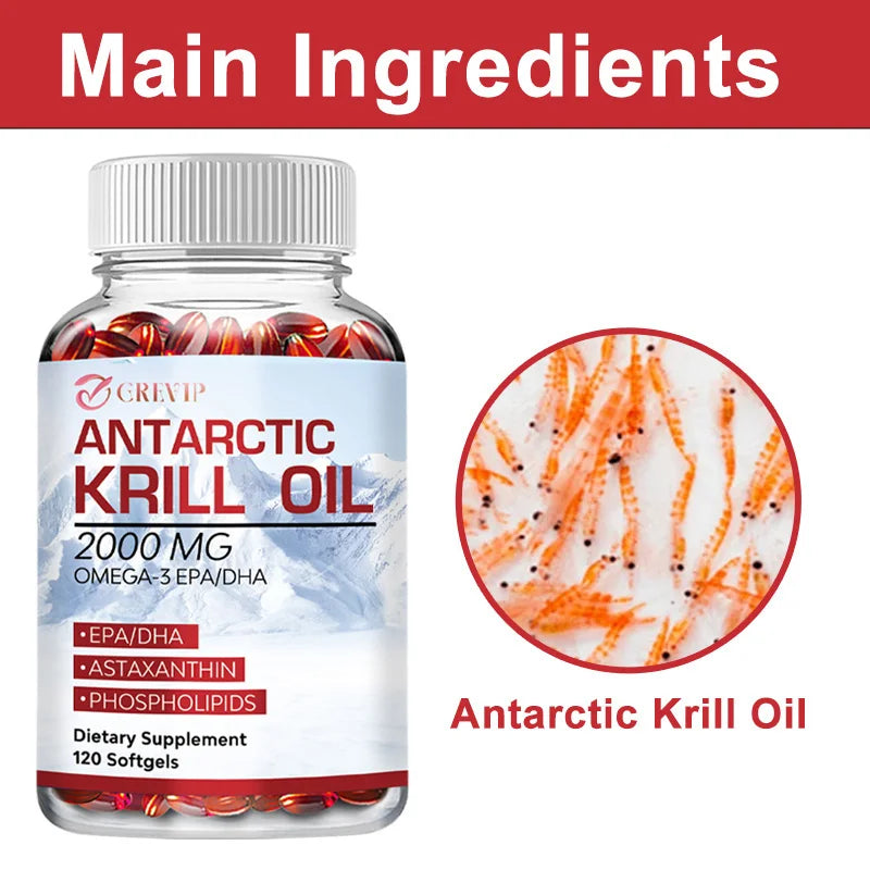 Antarctic Krill Oil - Supports Brain,Cardiovascular,Joint,Eye & Skin Health - Omega-3 EPA, DHA, Astaxanthin - 120 Capsules