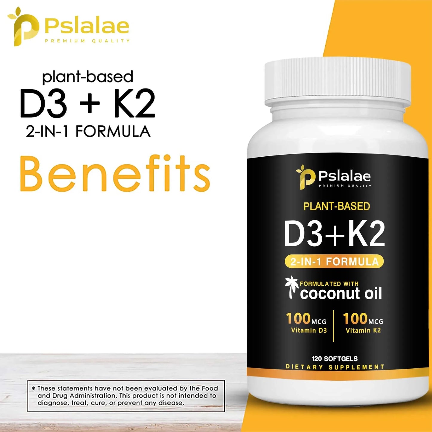 Vitamin K2+D3 - Supports Calcium, Bone and Immune Health - with Natural Organic Coconut Oil - 120 Capsules