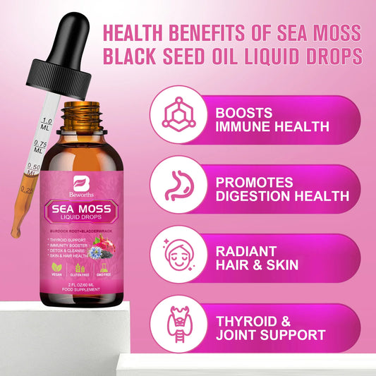Sea moss Liquid Drop Organic Black Seed Oil & Burdock Root Bladder Enhance Immunity, Hair, Skin & Digestion Health