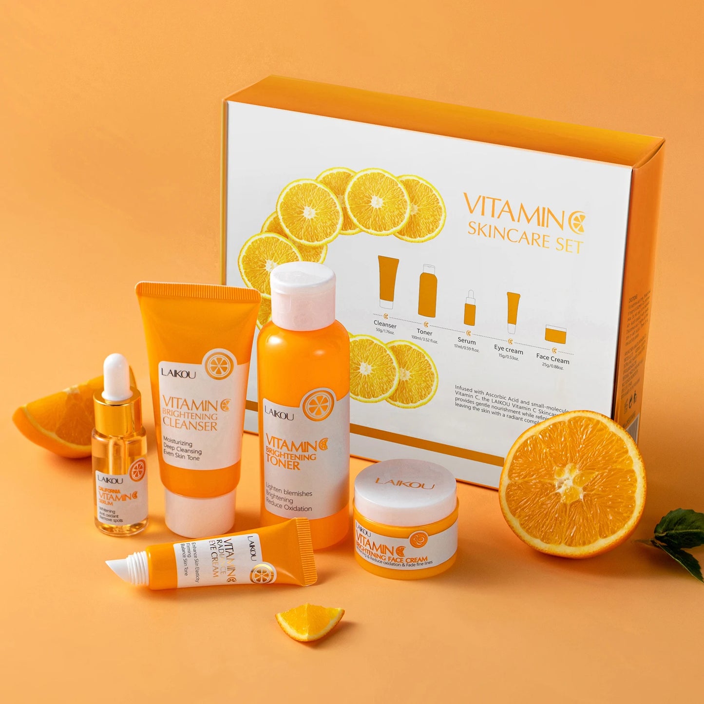 VITAMIN C Skincare Set Brightening 5Pcs Kit Even Skin Tone Smooth Wrinkle Tighten Pores Cleanser Toner Serum Eye Cream