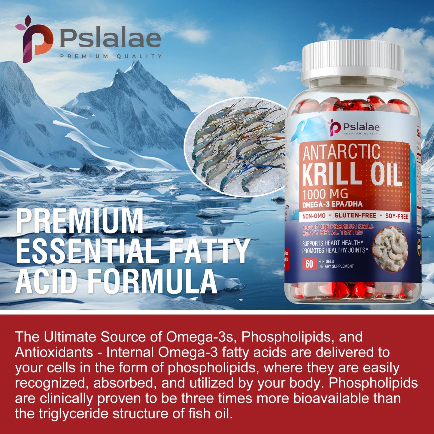 Antarctic Krill Oil 1000mg - Contains OMEGA-3 EPA/DHA,Good for Heart and Joint Health, Improve Memory - 60 Capsules