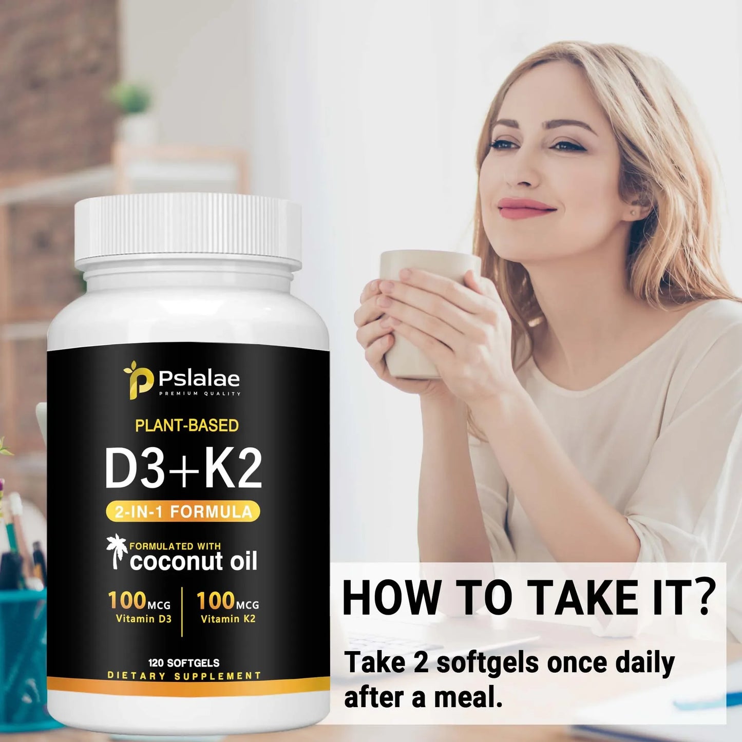 Vitamin K2+D3 - Supports Calcium, Bone and Immune Health - with Natural Organic Coconut Oil - 120 Capsules