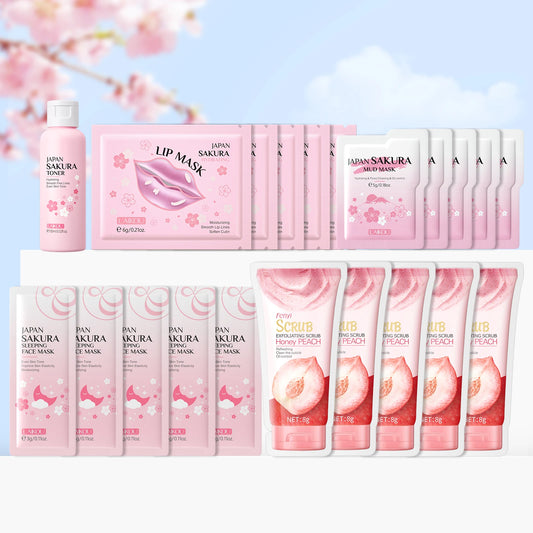 Sakura Skincare Set Hydrating Toner Lip Mask Sleeping Face Mud Mask Peach Scrub Travel Mini Kit Gift