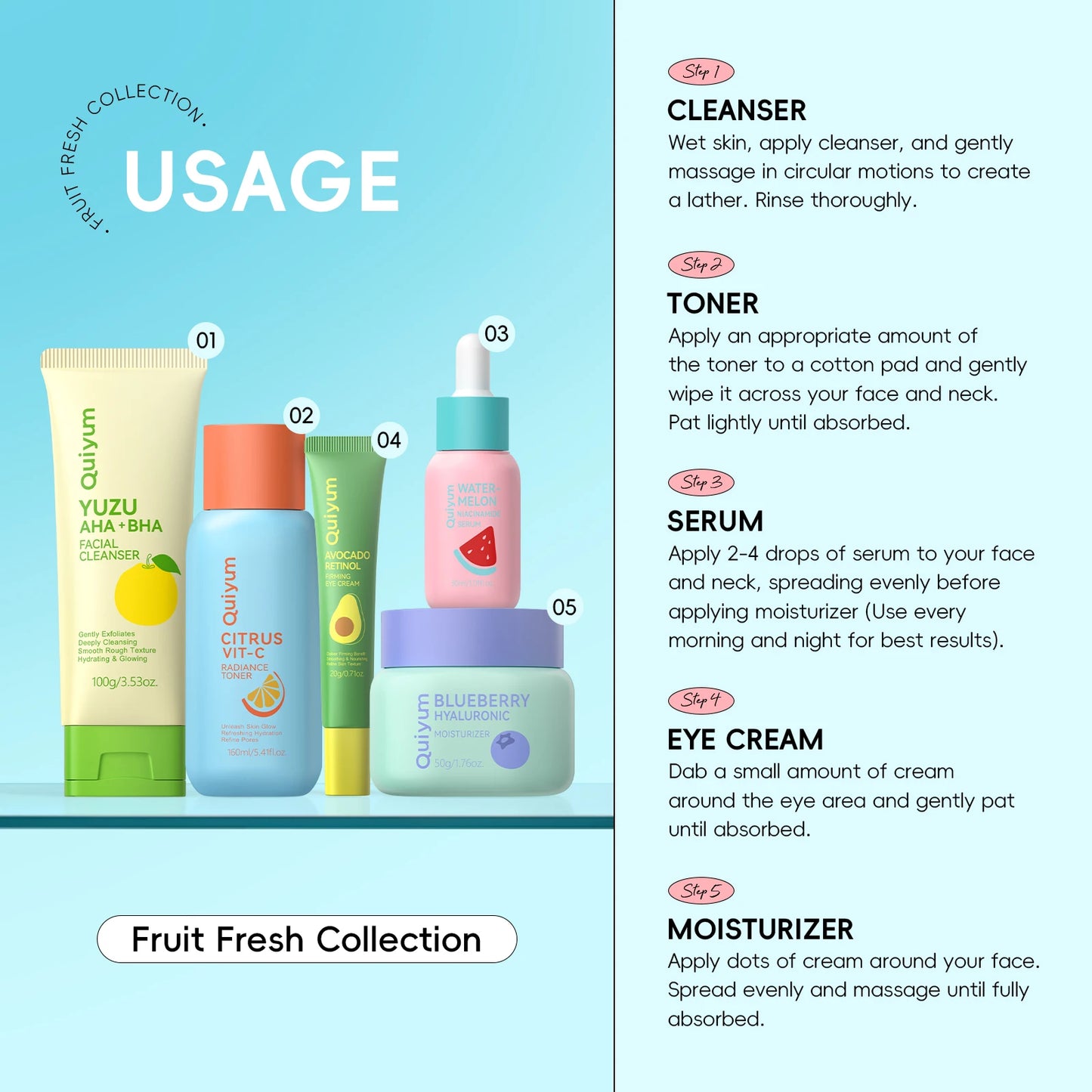 Fruit Fresh Collection 5-Piece Skincare Set Brightening Hydrating Anti-Age Facial Care for Dry Dull Skin