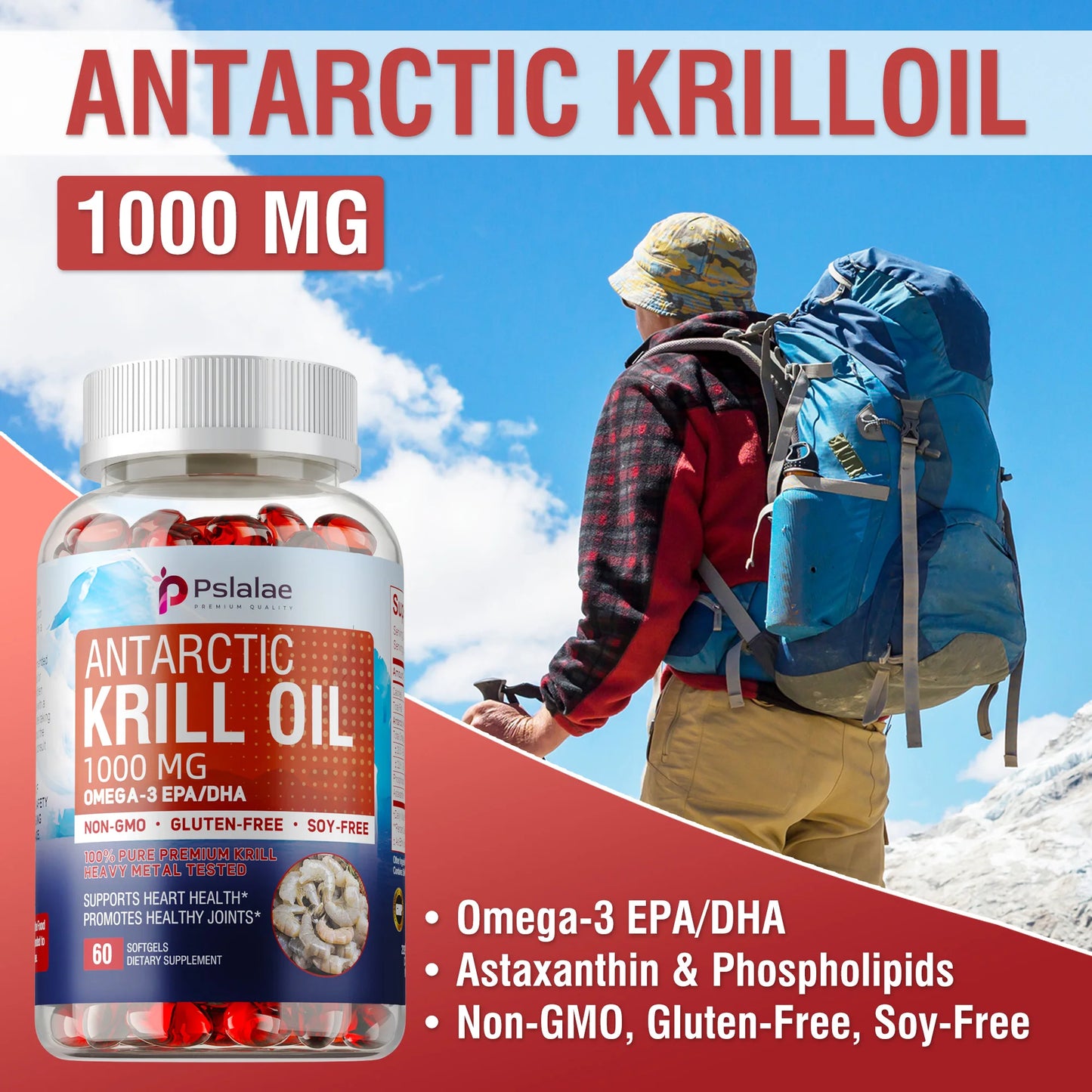 Antarctic Krill Oil 1000mg - Contains OMEGA-3 EPA/DHA,Good for Heart and Joint Health, Improve Memory - 60 Capsules