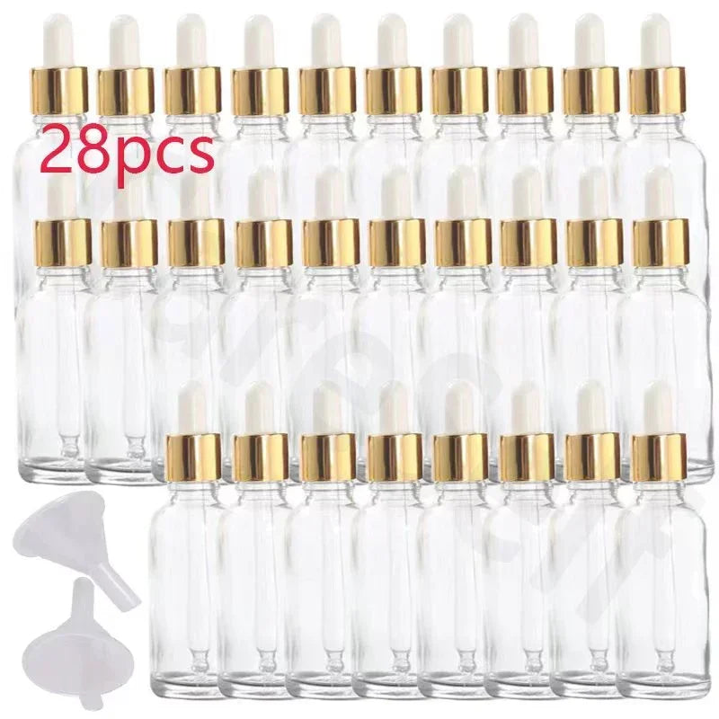 28pcs Golden Empty Dropper Bottle Essential Oil Glass Bottle Refillable Aromatherapy with Funnel Glass Eye Dropper