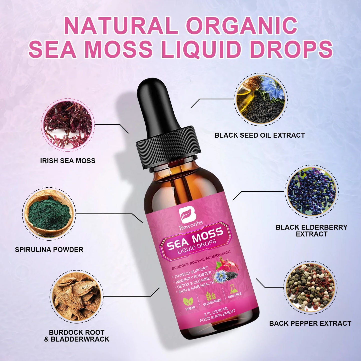 Sea moss Liquid Drop Organic Black Seed Oil & Burdock Root Bladder Enhance Immunity, Hair, Skin & Digestion Health