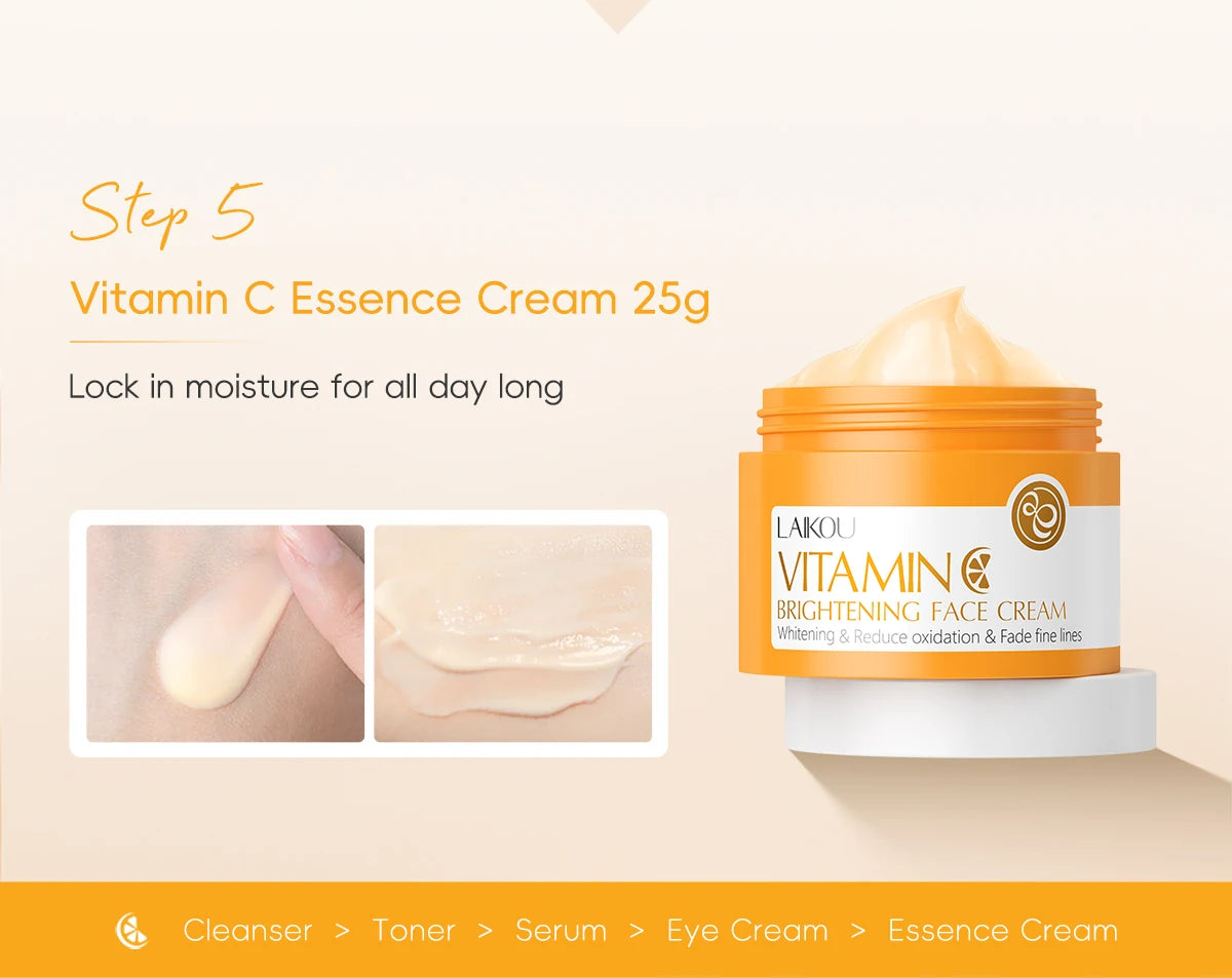 VITAMIN C Skincare Set Brightening 5Pcs Kit Even Skin Tone Smooth Wrinkle Tighten Pores Cleanser Toner Serum Eye Cream