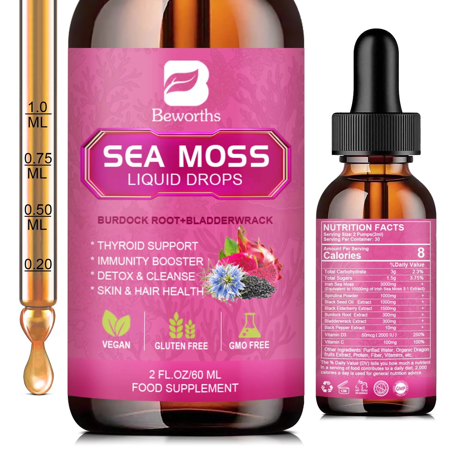 Sea moss Liquid Drop Organic Black Seed Oil & Burdock Root Bladder Enhance Immunity, Hair, Skin & Digestion Health
