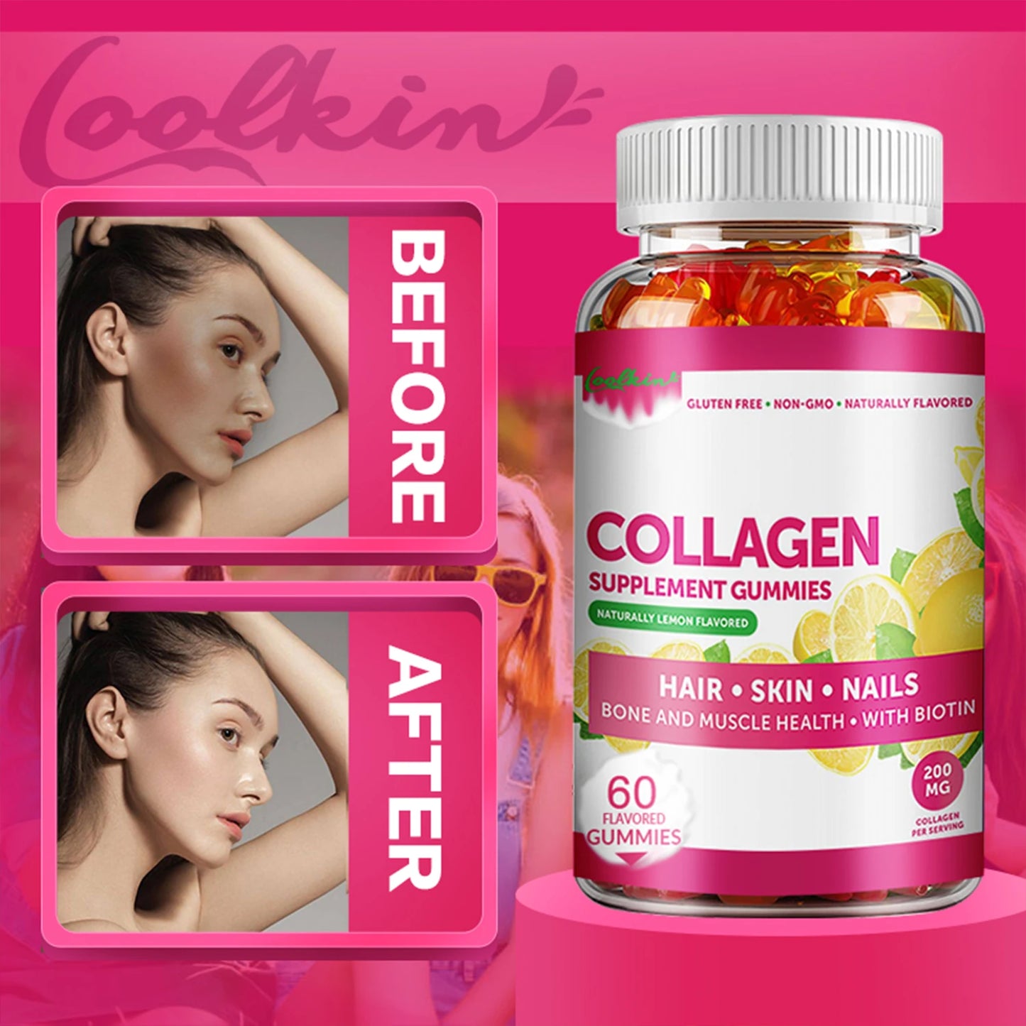 Collagen Gummies - with Biotin, Zinc, Vitamins C - for Skin, Nails and Hair Health - 60 Gummies
