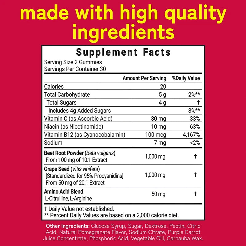 Beetroot Gummies - with Grapeseed and Anthocyanins - Energy, Circulation and Heart Health, Blood Pressure Support, Antioxidants