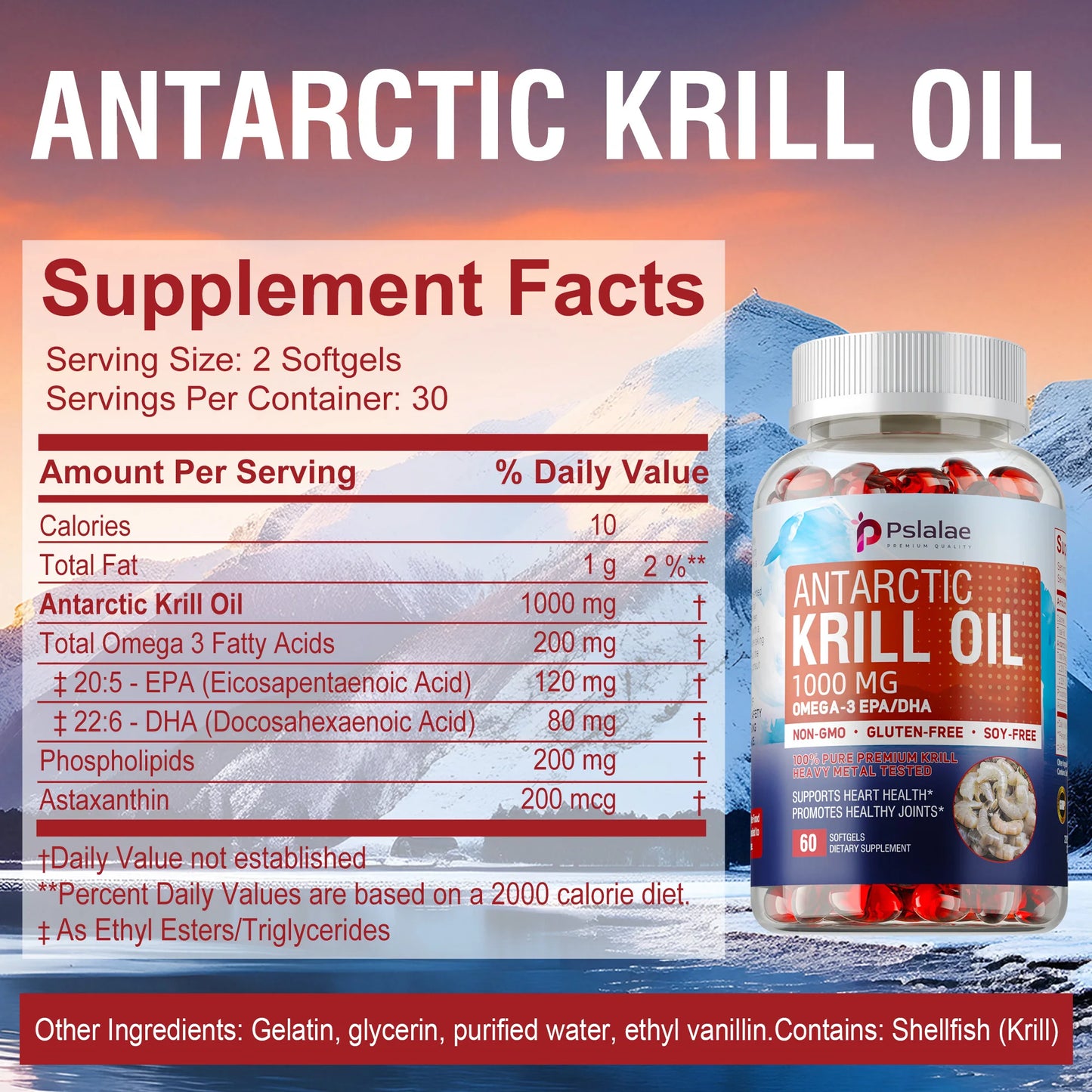 Antarctic Krill Oil 1000mg - Contains OMEGA-3 EPA/DHA,Good for Heart and Joint Health, Improve Memory - 60 Capsules