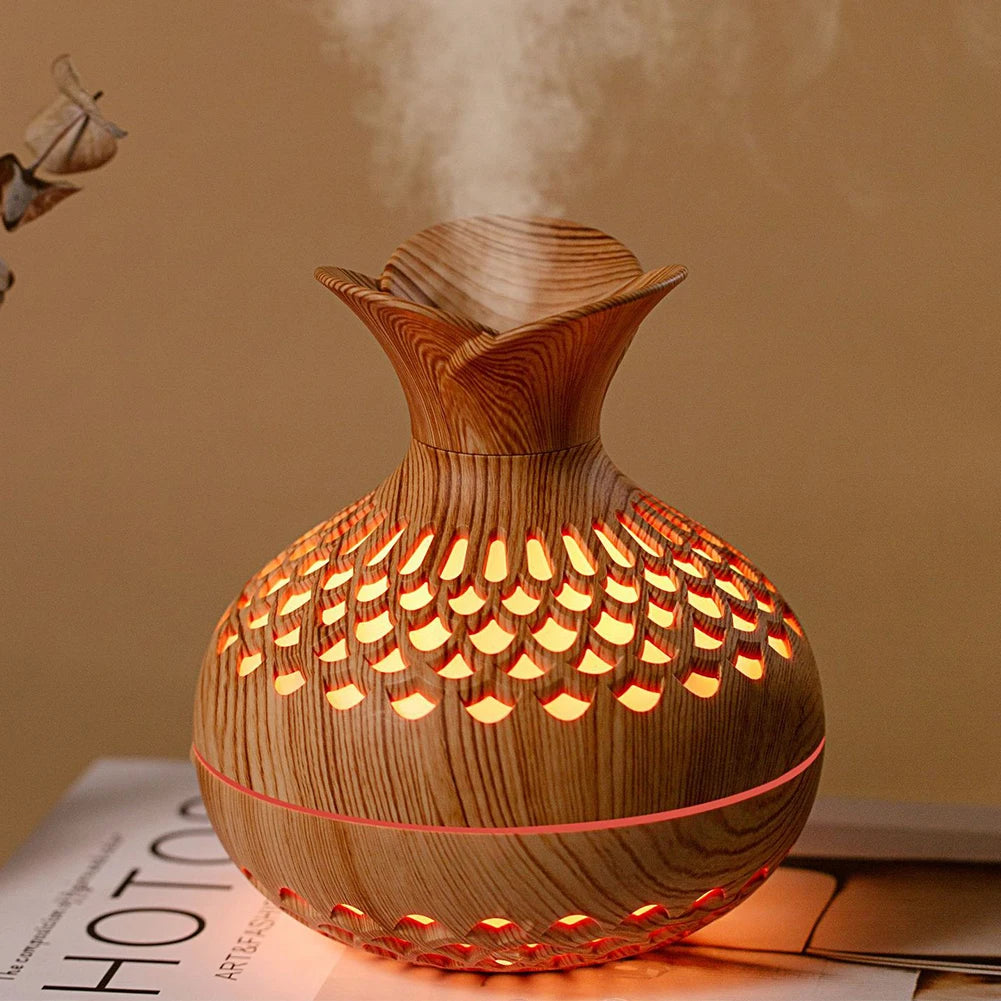 Wood Grain Flower Humidifier Silent Aromatherapy Diffuser USB Rechargeable Mini Air Humidifier with Colorful Night Light