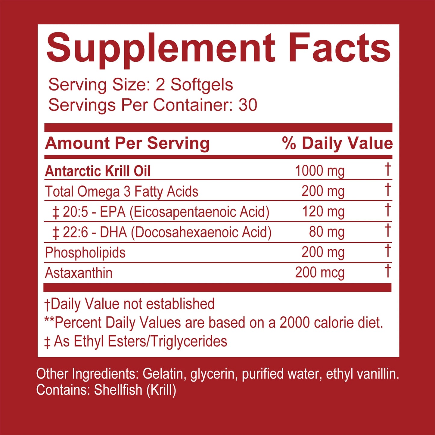 Antarctic Krill Oil 1000mg - Contains OMEGA-3 EPA/DHA for Brain, Joint and Skin Health - 60 Capsules