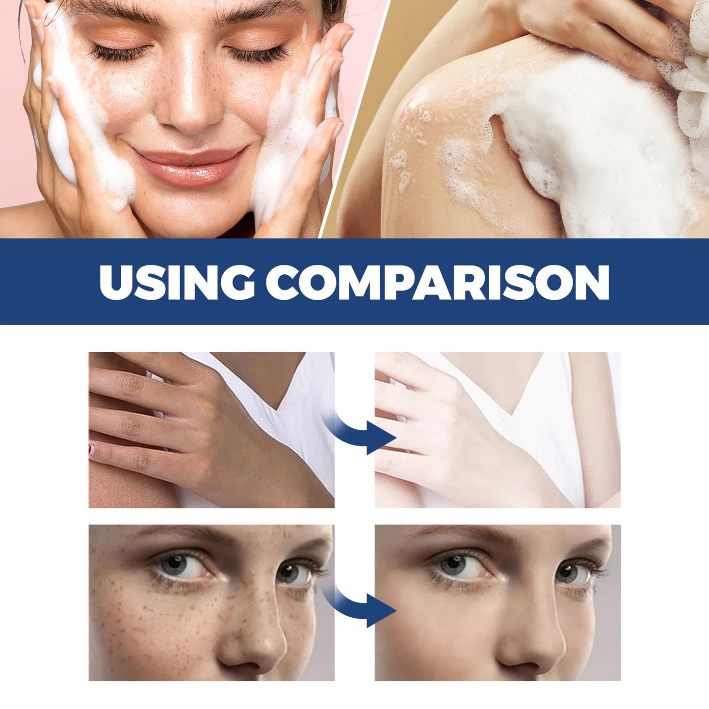 Body cleanser fades spots, cleanses pores, moisturizes skin with oil, exfoliates the face and body, skincare shower gel