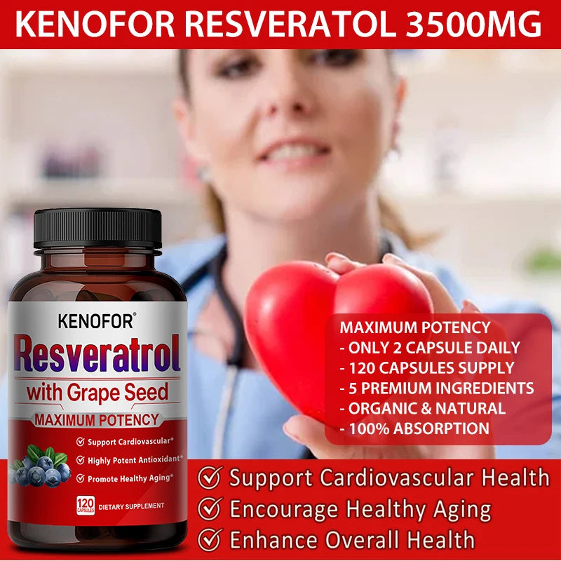 Resveratrol Grape Seed Extract Supplement Supports Skin Health Overall Health And Metabolism Antioxidant 120 Capsules