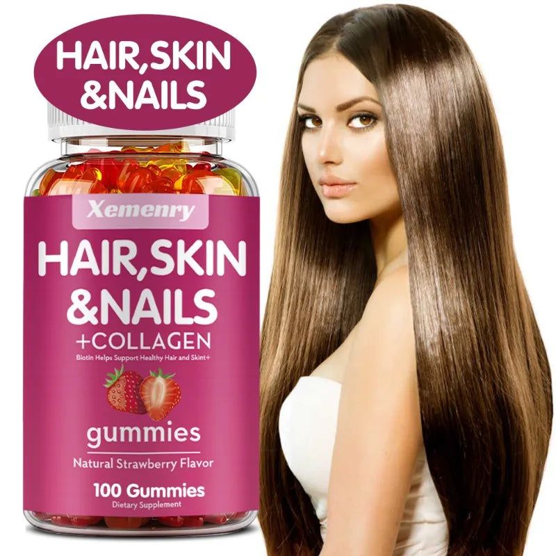 Natural Biotin Gummies - Supports Hair, Skin, Nails & Collagen, Dietary Supplement, Antioxidant - 100 Gummies
