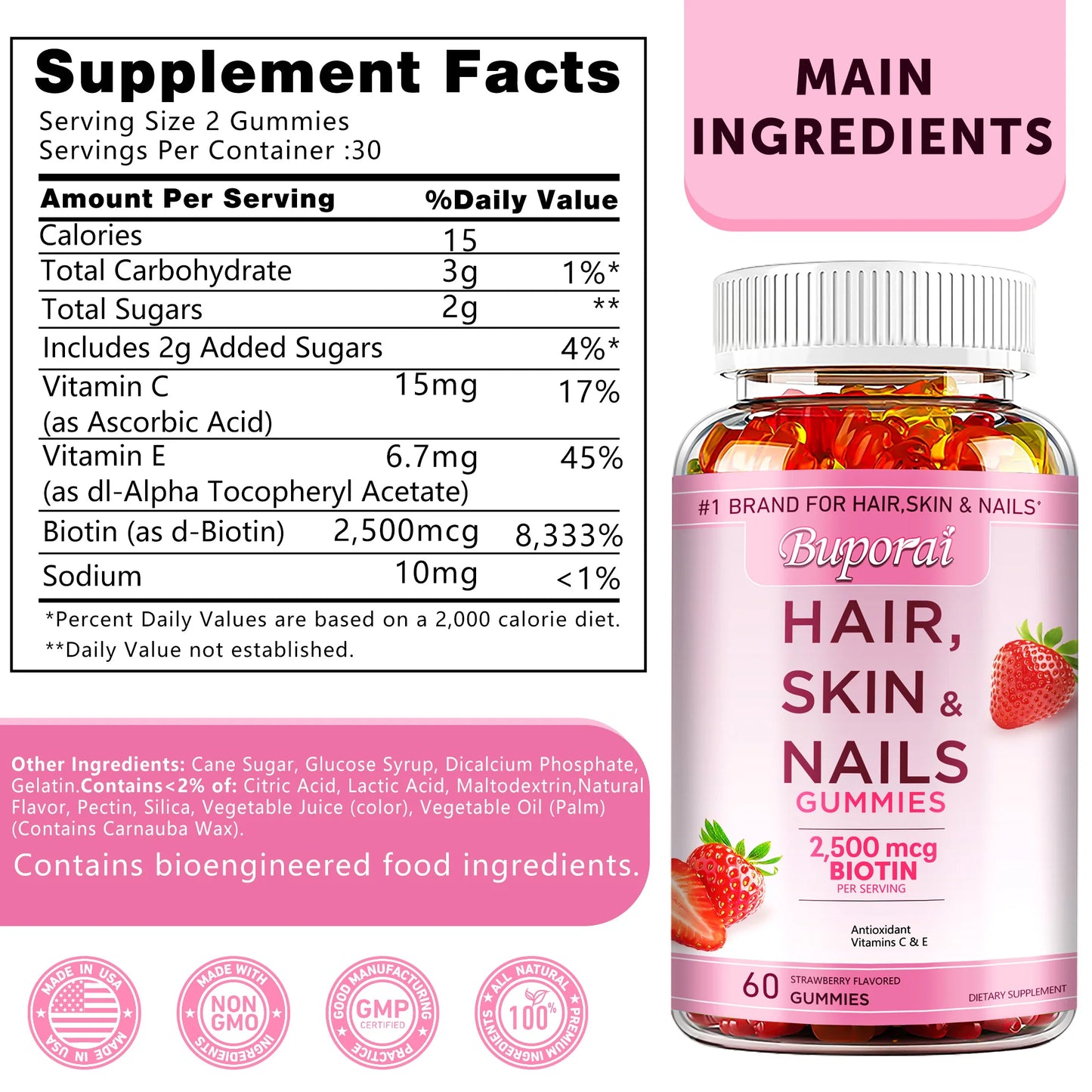 Hair, Skin and Nails Gummies - Antioxidant, Supports Healthy Hair, Skin and Nails, Maintains Vitality - 60 Gummies