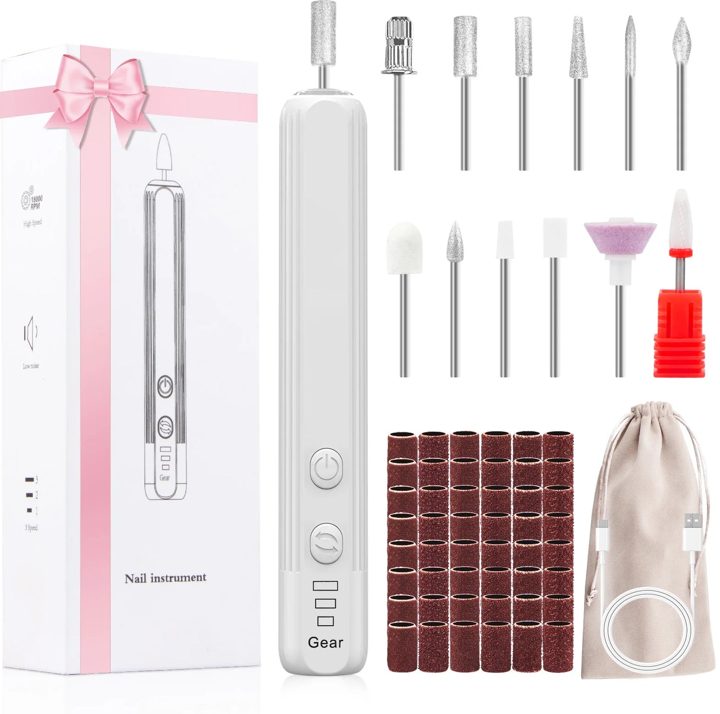 Professional Nail Drill Set, 2,0000 RPM Electric Nail File with 12 Grinding Head & 100Pcs Sanding Bands for Acrylic Gel Nails