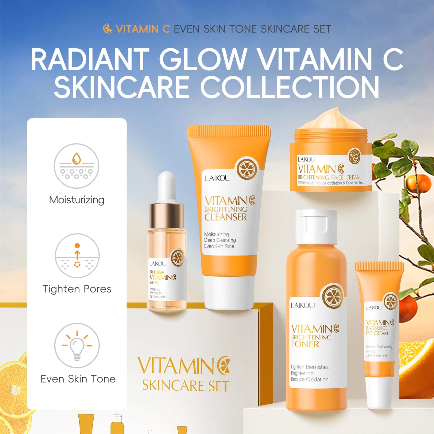 VITAMIN C Skincare Set Brightening 5Pcs Kit Even Skin Tone Smooth Wrinkle Tighten Pores Cleanser Toner Serum Eye Cream