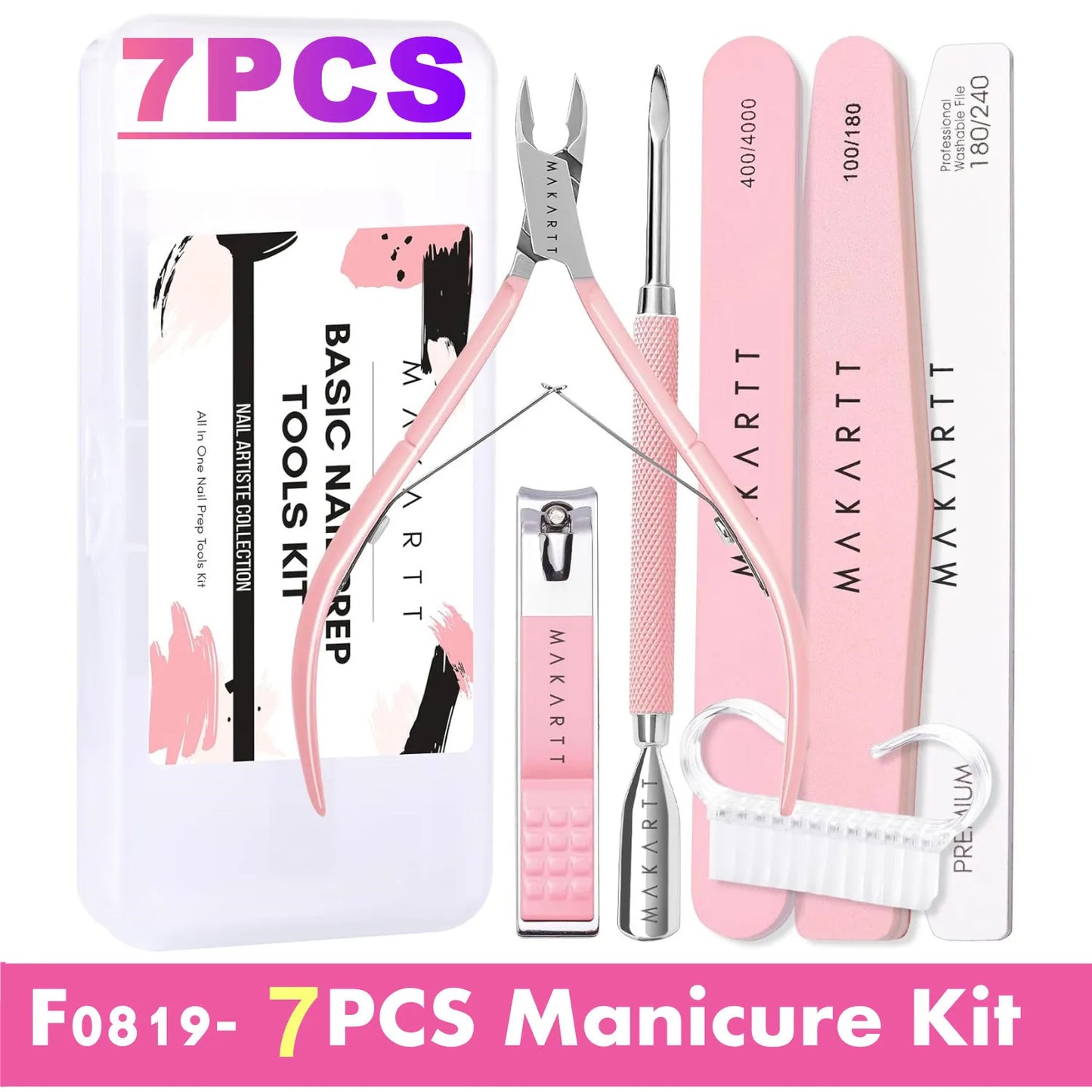 Nail File and Buffer Set, Pink Basic Prep Kit with Cuticle Clipper, Trimmer, Pusher, Brush, Manicure Care Kit