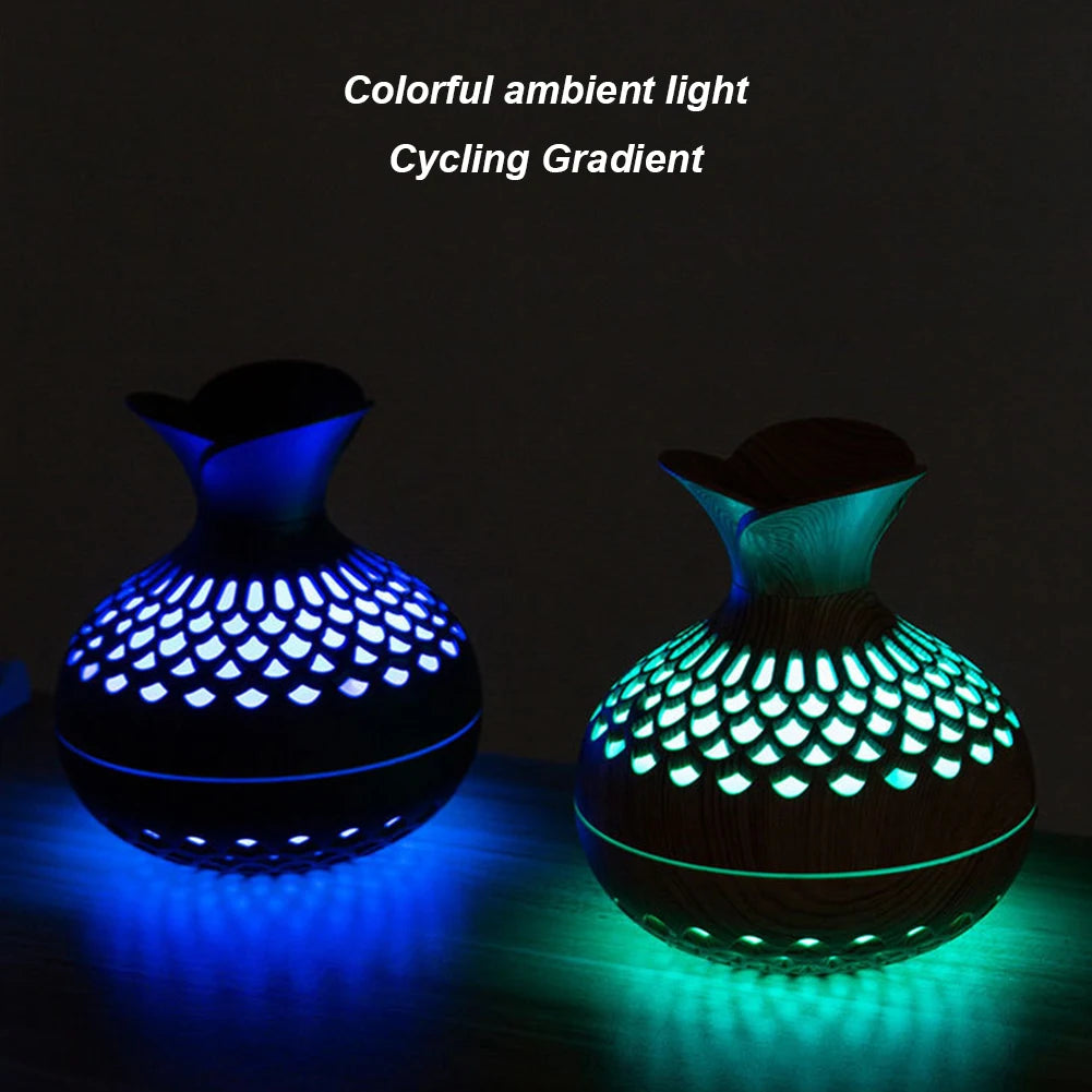 Wood Grain Flower Humidifier Silent Aromatherapy Diffuser USB Rechargeable Mini Air Humidifier with Colorful Night Light