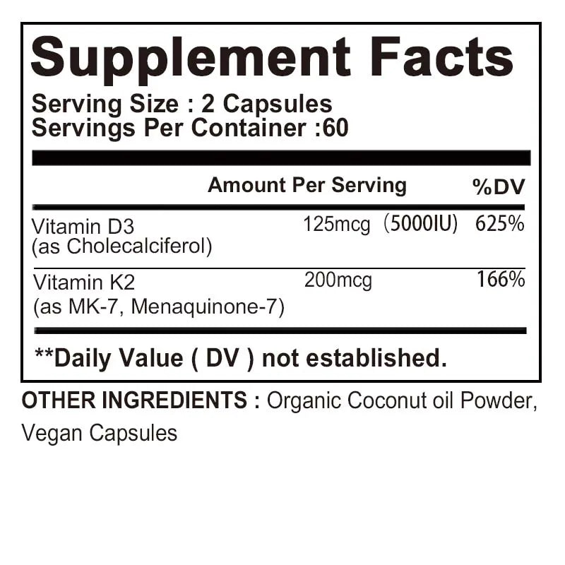 Vitamin D3 + K2 - Help Regulate Calcium Metabolism, Promote Bone, Teeth and Skin Health, Support Immunity - 120 Capsules