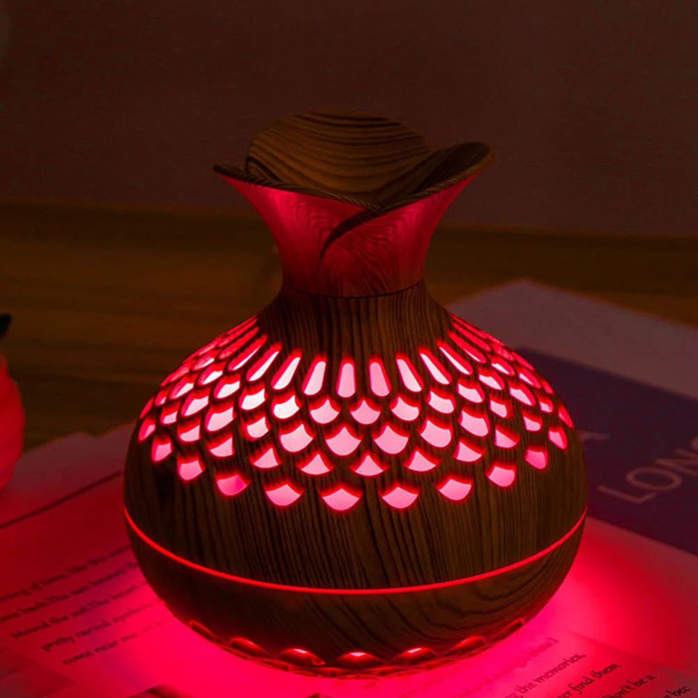 Wood Grain Flower Humidifier Silent Aromatherapy Diffuser USB Rechargeable Mini Air Humidifier with Colorful Night Light