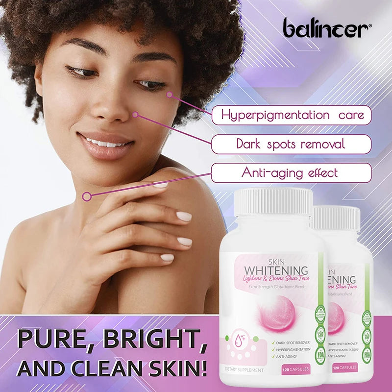 Glutathione Supplement, 1000 mg - Reduces Melanin, Whitens Skin, Lightens Dark Spots, Clears and Evens Skin Tone, 120 Capsules