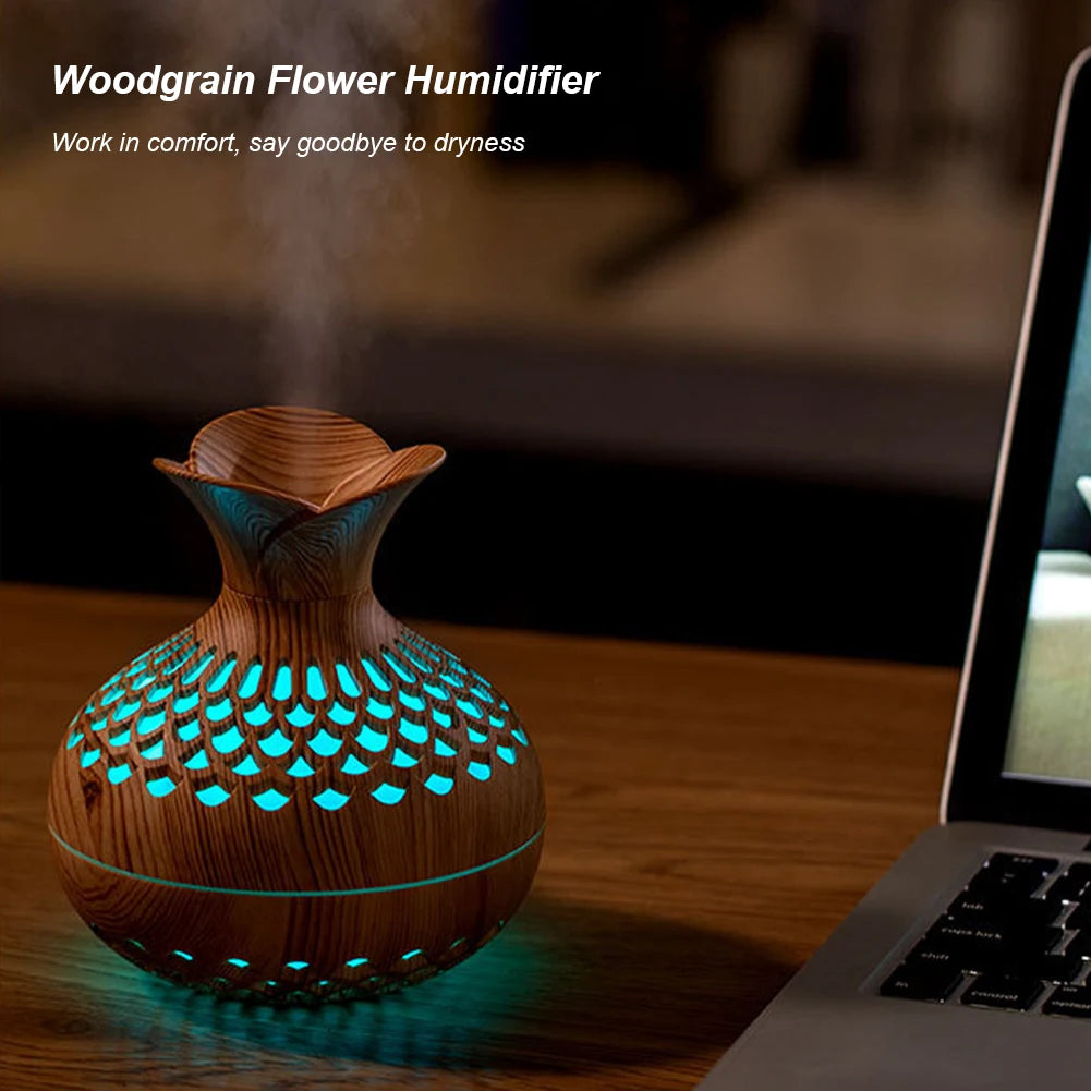 Wood Grain Flower Humidifier Silent Aromatherapy Diffuser USB Rechargeable Mini Air Humidifier with Colorful Night Light