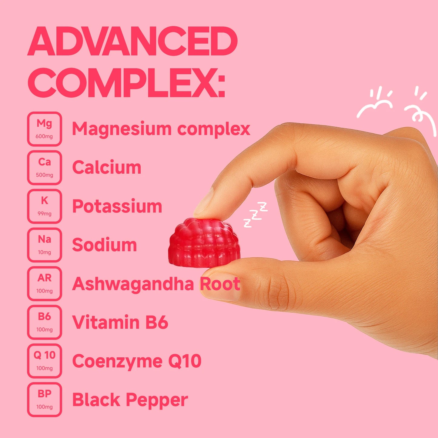 Magnesium Glycinate Advanced Complex Gummies - With Ashwagandha, Magnesium, Calcium, VB6, CQ10 for Calm Support & Sleep