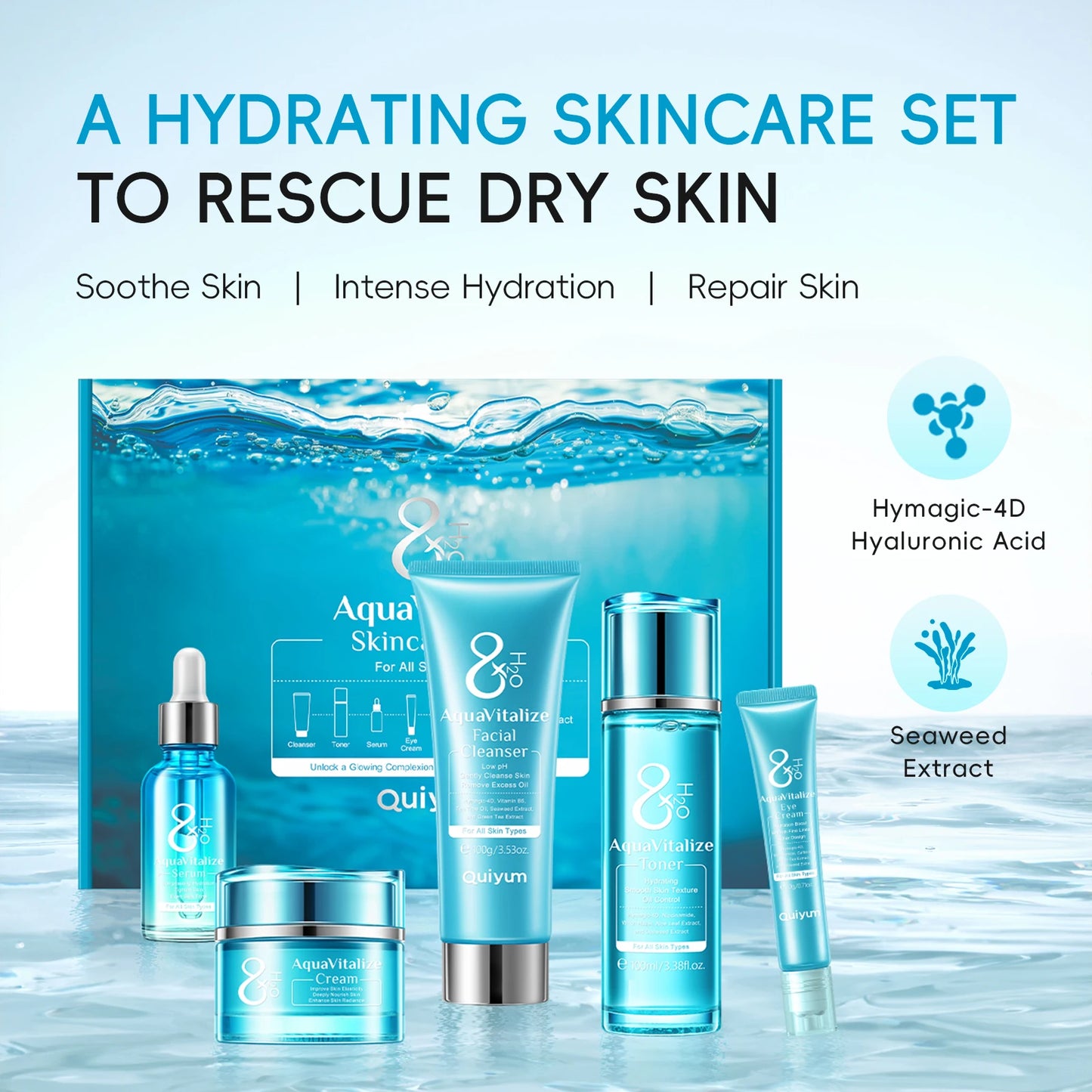 H₂O Aqua Vitalize Skincare Set 5PCS Deep Hydration Kit Wrinkle Smoothing Tightening Treatment Gift Set