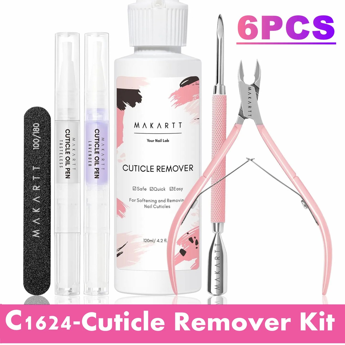Nail File and Buffer Set, Pink Basic Prep Kit with Cuticle Clipper, Trimmer, Pusher, Brush, Manicure Care Kit