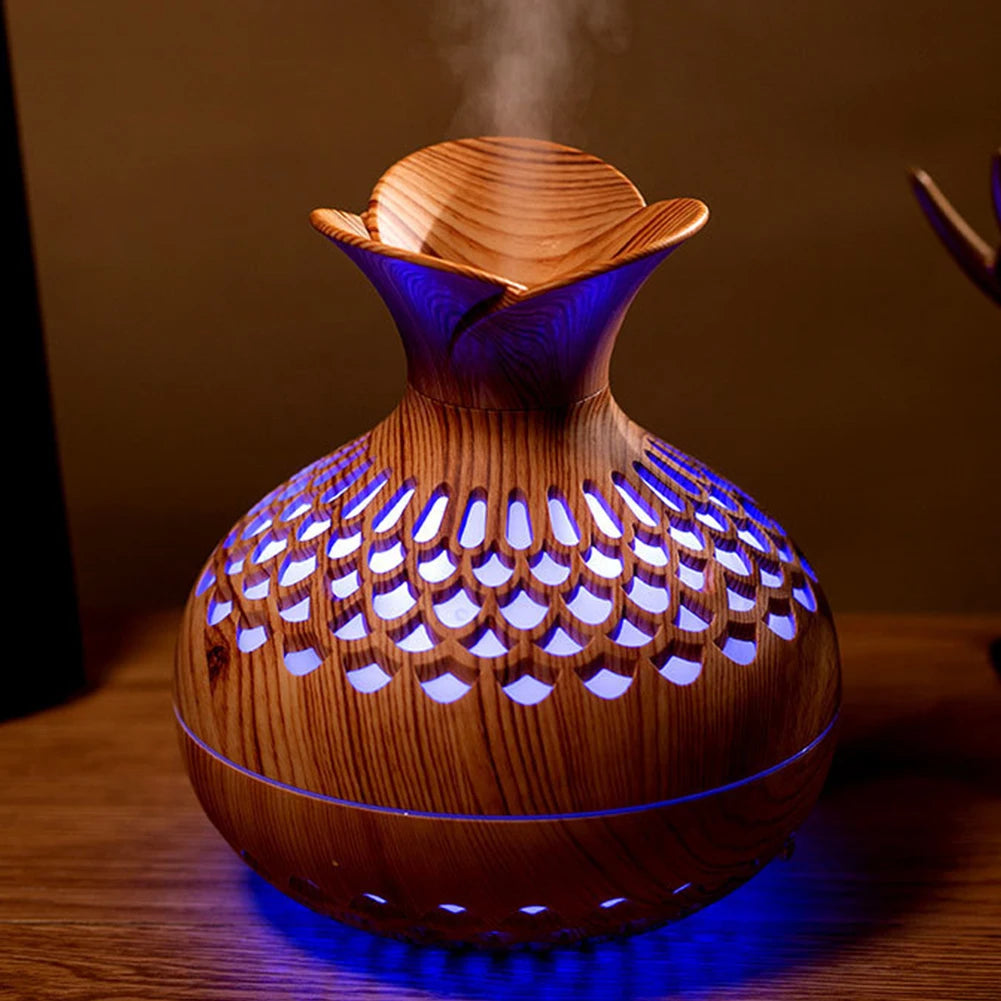 Wood Grain Flower Humidifier Silent Aromatherapy Diffuser USB Rechargeable Mini Air Humidifier with Colorful Night Light