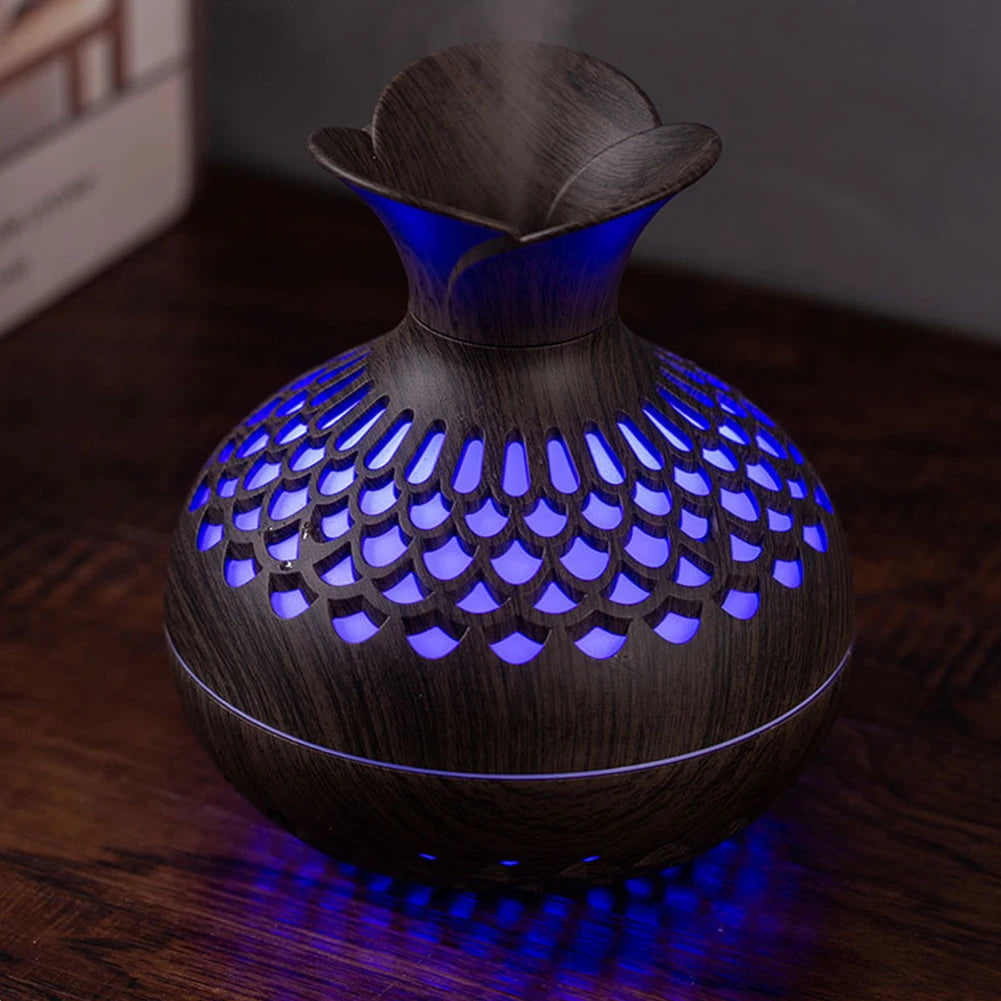 Wood Grain Flower Humidifier Silent Aromatherapy Diffuser USB Rechargeable Mini Air Humidifier with Colorful Night Light