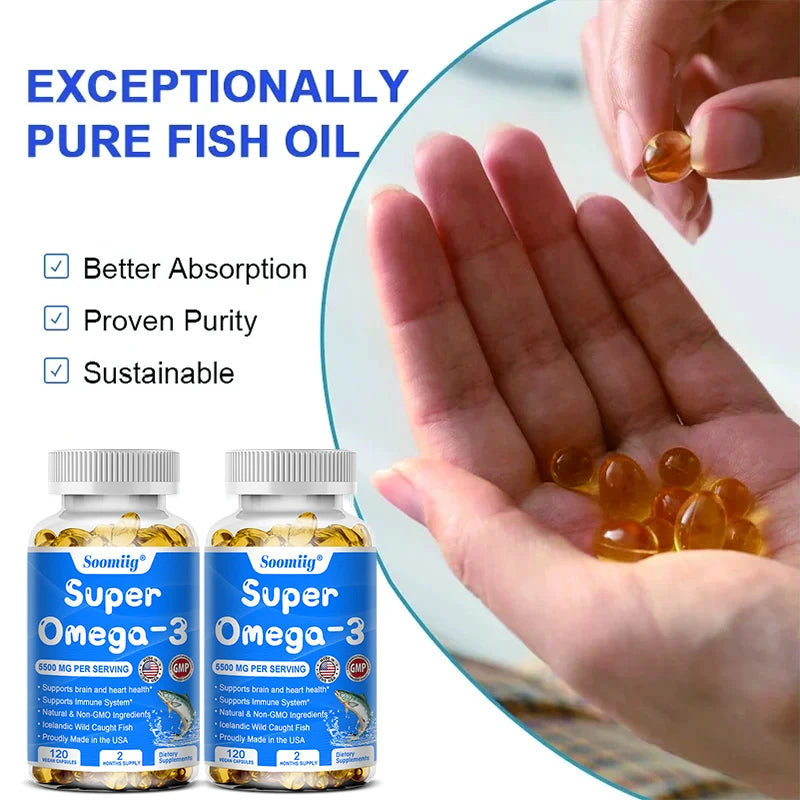 Omega-3 Fish Oil with DHA & EPA, Stress Relief, Mood Improvement, Brain & Memory, Skin & Mental Health, 120 Softgels