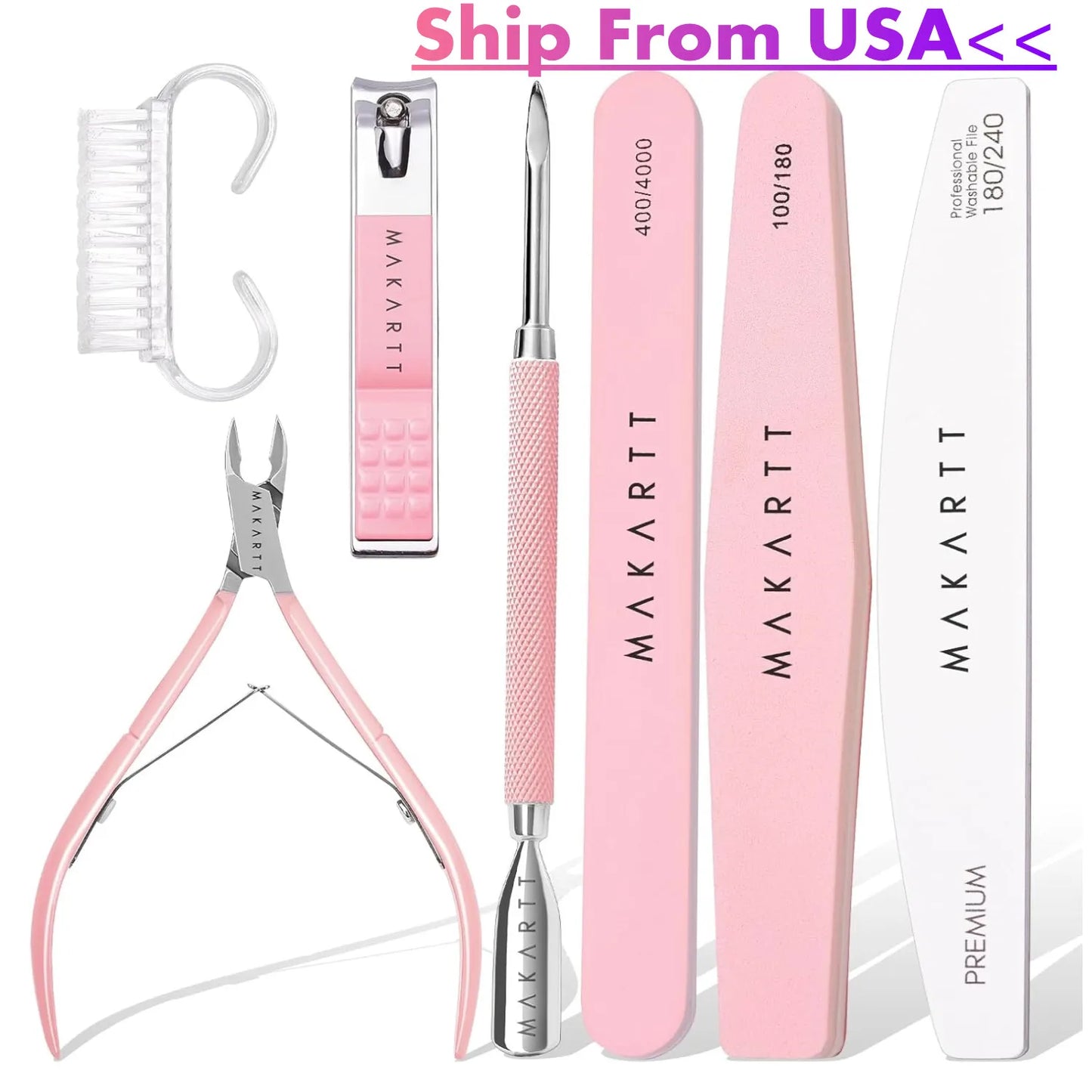 Nail File and Buffer Set, Pink Basic Prep Kit with Cuticle Clipper, Trimmer, Pusher, Brush, Manicure Care Kit