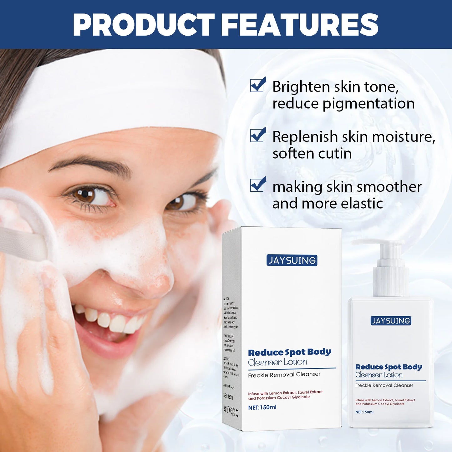 Body cleanser fades spots, cleanses pores, moisturizes skin with oil, exfoliates the face and body, skincare shower gel