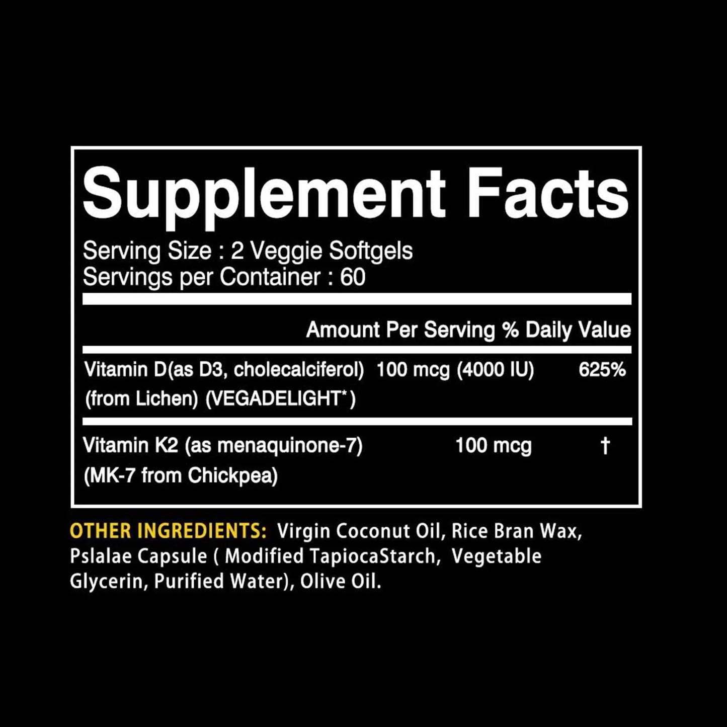 Vitamin K2+D3 - Supports Calcium, Bone and Immune Health - with Natural Organic Coconut Oil - 120 Capsules