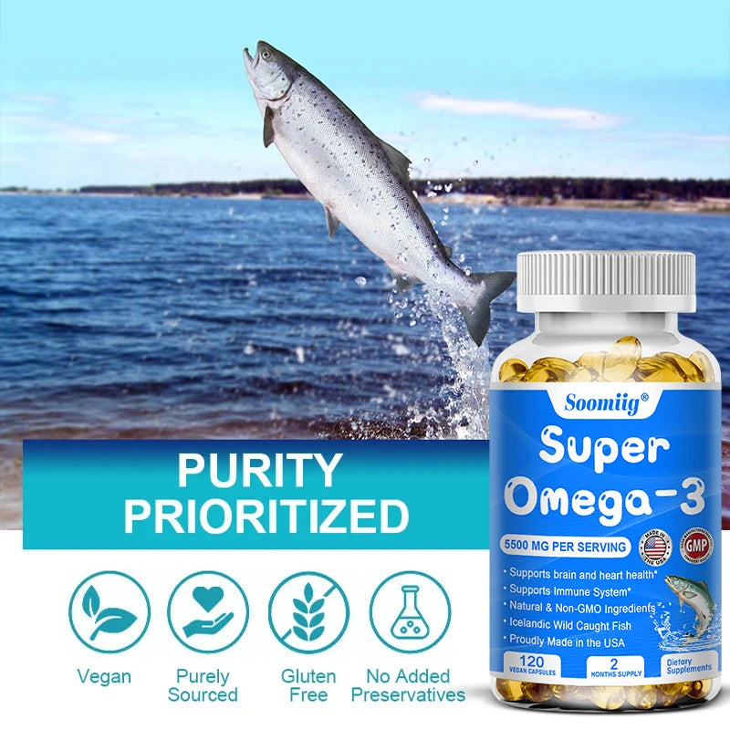Omega-3 Fish Oil with DHA & EPA, Stress Relief, Mood Improvement, Brain & Memory, Skin & Mental Health, 120 Softgels