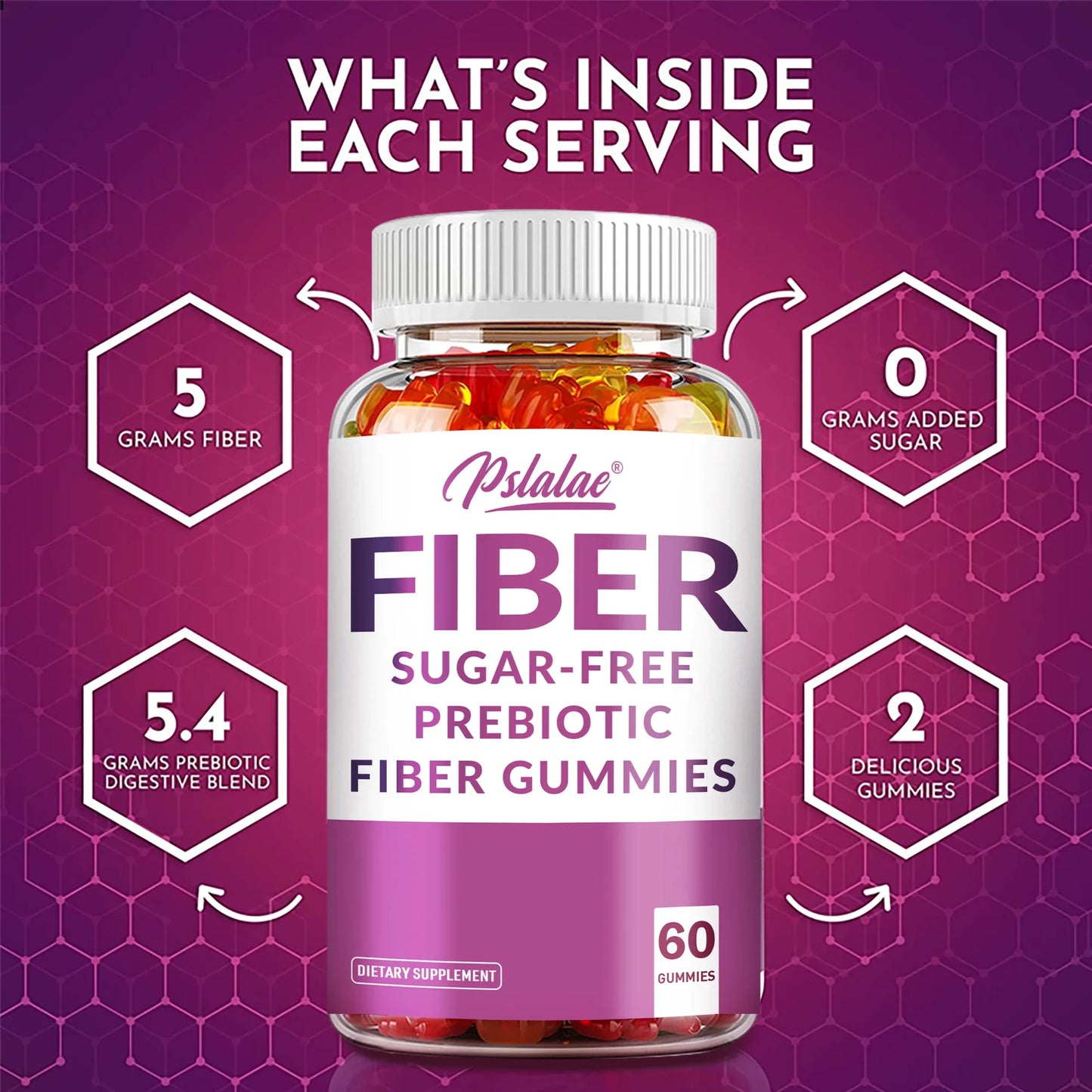 Sugar-Free Prebiotic Fiber Gummies - with Chicory Roots - Promotes Digestive and Intestinal Health - 60 Gummies