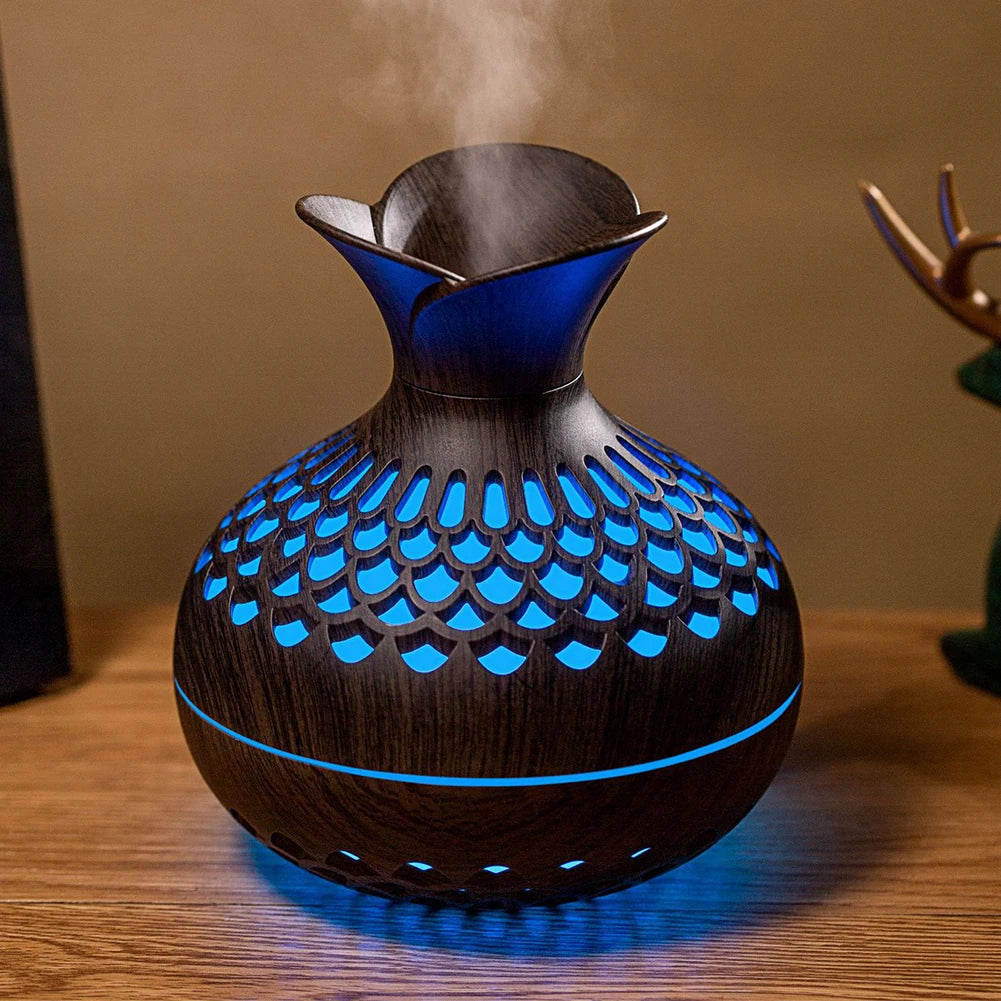 Wood Grain Flower Humidifier Silent Aromatherapy Diffuser USB Rechargeable Mini Air Humidifier with Colorful Night Light
